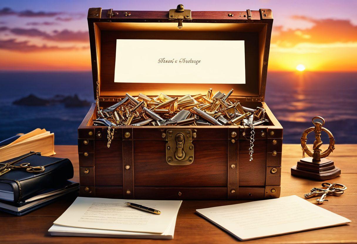An open treasure chest with glowing keys, representing 'unlocking' success, surrounded by notebooks, pens, and a laptop showing a blog interface, all set on a wooden table illuminated by warm light. In the background, a beautiful sunset symbolizes opportunity and inspiration. A subtle hint of pathways and hurdles can be seen to signify challenges every writer faces. super-realistic. vibrant colors.
