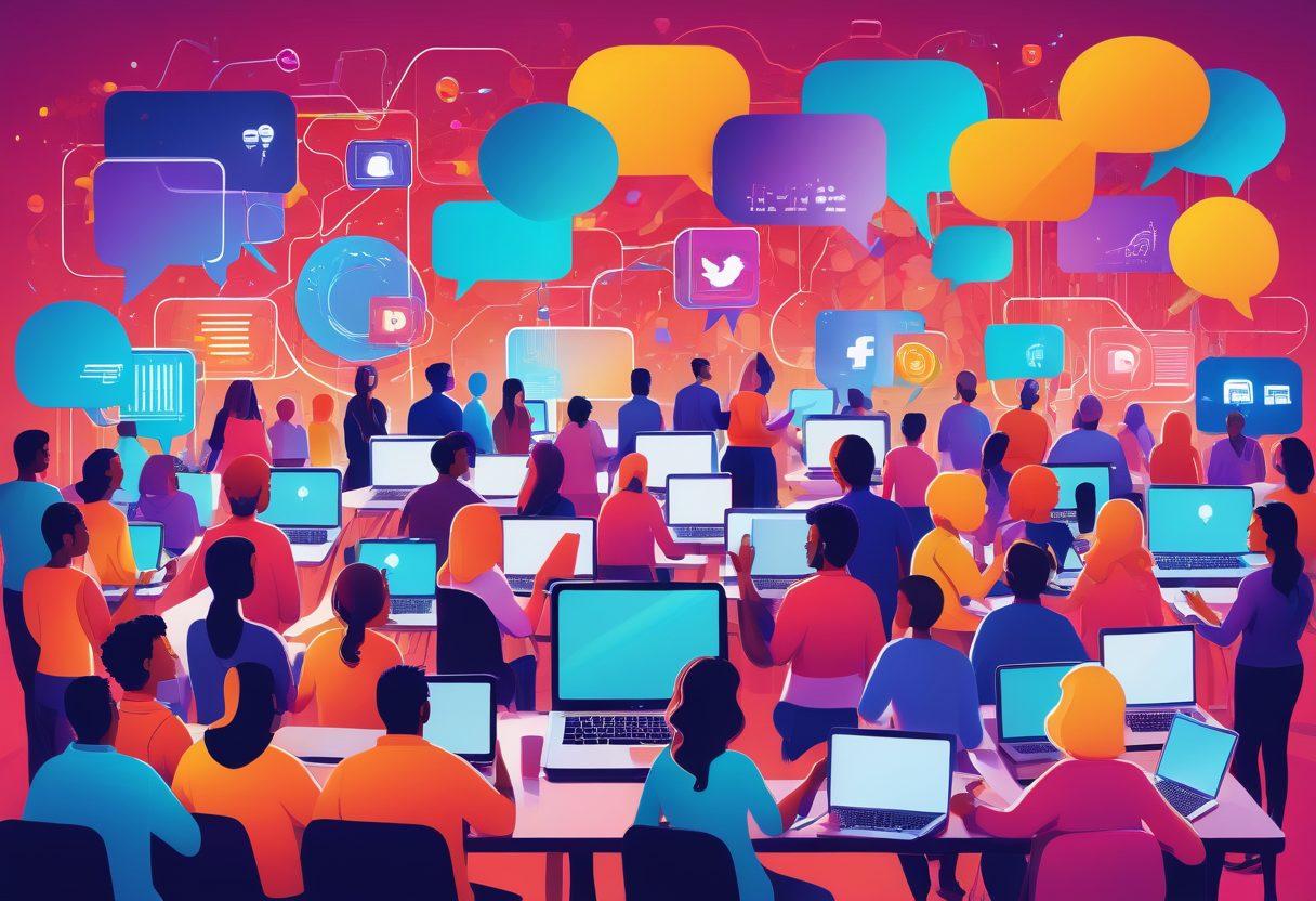 An eye-catching digital landscape depicting a bustling online community, with diverse people engaging with laptops and smartphones, vibrant charts showing increasing traffic, and speech bubbles with icons for social media platforms. The scene captures energy and enthusiasm for blogging, while symbols of engagement like likes, shares, and comments hover above. bright colors. vector art.
