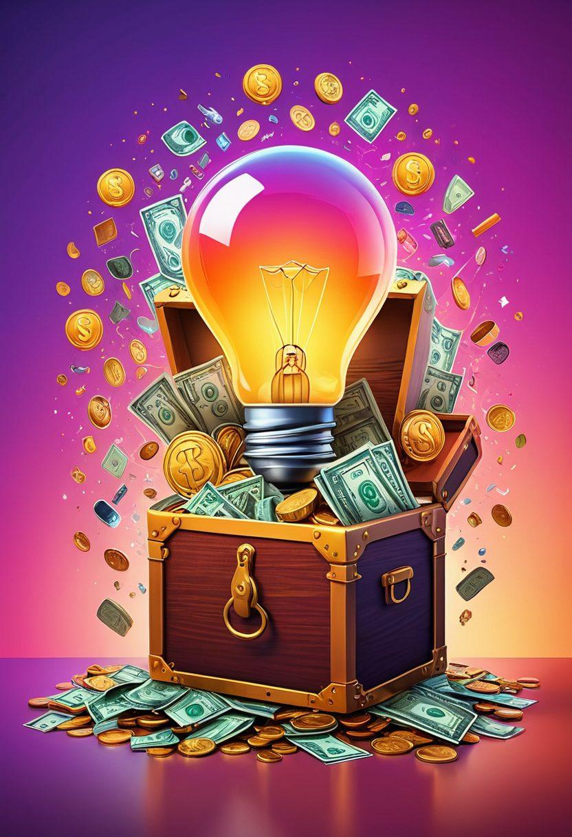 A visually striking illustration of a digital blog interface featuring different revenue streams like ads, affiliate links, and subscriptions. Include symbols of money, a light bulb for ideas, and a key unlocking a treasure chest filled with coins. The background should be a vibrant gradient that evokes creativity and opportunity. Artistic style: vector art. vibrant colors.